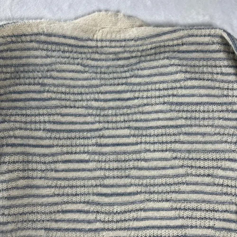 Mia & Tess Cream Blue Striped Fuzzy Open Front‎ Long Cardigan Sweater M/L